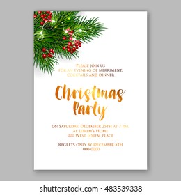 Christmas party invitation with fir, pine and holly berry branches garland. 