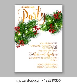 Christmas party invitation with fir, pine and holly berry branches garland. 