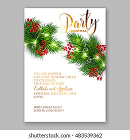 Christmas party invitation with fir, pine and holly berry branches garland. 