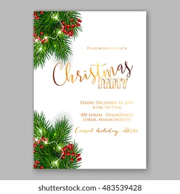 Christmas party invitation with fir, pine and holly berry branches garland. 