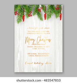 Christmas party invitation with fir, pine and holly berry branches garland. 