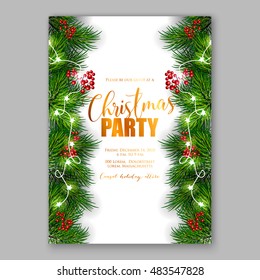 Christmas party invitation with fir, pine and holly berry branches garland. 