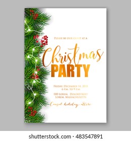 Christmas party invitation with fir, pine and holly berry branches garland. 