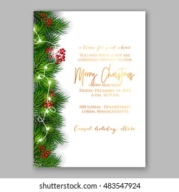 Christmas party invitation with fir, pine and holly berry branches garland. 