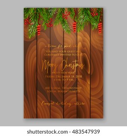 Christmas party invitation with fir, pine and holly berry branches garland. 