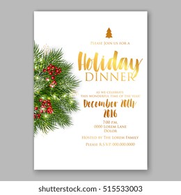 Christmas party invitation with fir, pine and holly berry branches garland.