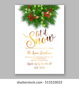 Christmas party invitation with fir, pine and holly berry branches garland.