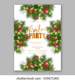 Christmas party invitation with fir, pine and holly berry branches garland