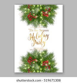 Christmas party invitation with fir, pine and holly berry branches garland