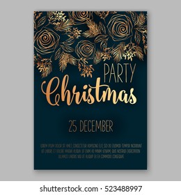 Christmas party invitation with fir, pine, rose gold text