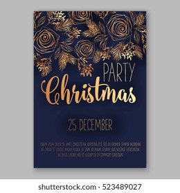 Christmas party invitation with fir, pine, rose gold text