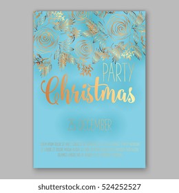 Christmas party invitation with fir, pine, rose gold text