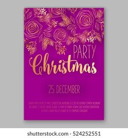 Christmas party invitation with fir, pine, rose gold text