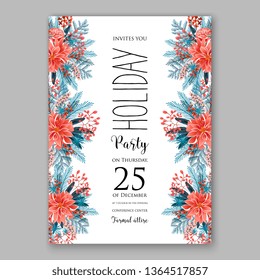 Christmas party invitation floral vector card poinsettia fir winter holiday wreath