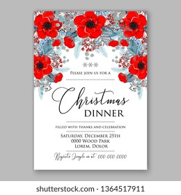 Christmas party invitation floral vector card poinsettia fir winter holiday wreath