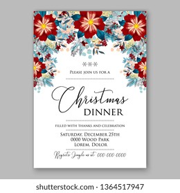 Christmas party invitation floral vector card poinsettia fir winter holiday wreath