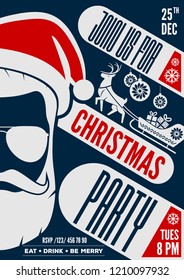 Christmas party invitation, flyer or poster design with Santa Claus hat, beard and glasses.. Vector illustration.