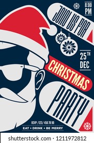 Christmas party invitation, flyer or poster design with Santa Claus hat, beard and glasses.. Vector illustration.