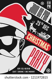 Christmas party invitation, flyer or poster design with Santa Claus hat, beard and glasses.. Vector illustration.