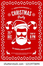 Christmas party invitation, flyer or poster design with Santa Claus hat, beard and glasses.. Vector illustration.