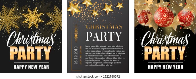 Christmas Party invitation flyer set with text sample, golden snowflakes, stars, baubles, sparkles on grey or black background. Vector illustration for leaflet, invitation cards, poster