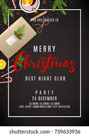 Christmas Party Invitation Flyer. Top view on Festive Decoration. Holiday Composition with Paper Gift Box and Confetti on Black Backdrop. Greeting Card with Lettering. Vector Illustration.