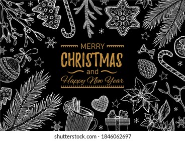 Christmas party invitation or food menu. Xmas vector holiday graphic. Dinner winter illustration. Greeting card, flyer, brochure, restaurant menu, poster. hipster vintage design with typography