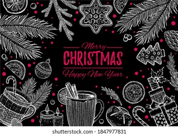 Christmas party invitation or food menu. Xmas vector holiday graphic. Dinner winter illustration. Greeting card, flyer, brochure, restaurant menu, poster. hipster vintage design with typography