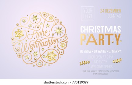 Invitación de Navidad para la plantilla de diseño de la celebración de feriados de Frohe Weihnachten en alemán. Vector Año Nuevo o Navidad invitación de fiesta corporativa de la invitación de la decoración de copos de nieve dorados sobre fondo blanco