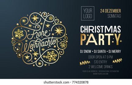 Invitación de Navidad para la plantilla de diseño de la celebración de feriados de Frohe Weihnachten en alemán. Vector Año Nuevo o Navidad invitación de fiesta corporativa de panificación de nieve dorada decoración de copo de nieve sobre fondo negro