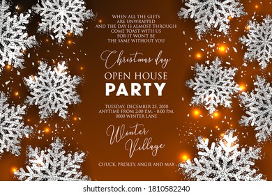 Christmas Party invitation gold greeting card paper silver snowflakes for fir pine tree branches vector illustration