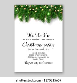 Christmas party invitation green fir tree light garland Winter holiday floral background of pine fir branches