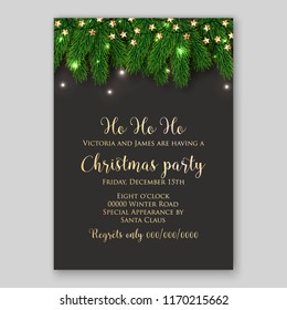 Christmas party invitation green fir tree light garland Winter holiday floral blackboard chalkboard background of pine fir branches