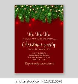 Christmas party invitation green fir tree light garland Winter holiday floral on redbackground of pine fir branches