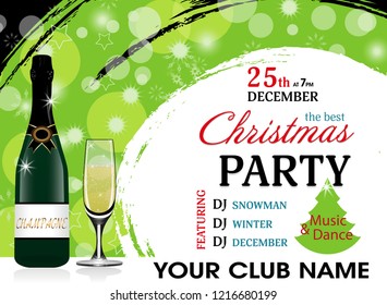 Christmas party invitation green template with champagne bottle and wineglass. New Year background. Vector illustration.