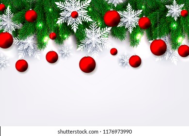 Christmas Party invitation greeting card paper snowflakes in a fir pine tree branches vector illustration