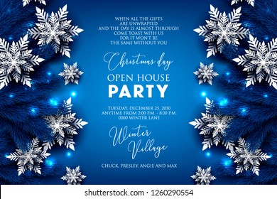 Christmas Party invitation greeting card paper snowflakes in a fir pine tree branches vector illustration