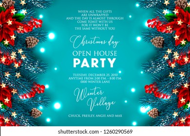 Christmas Party invitation greeting card paper snowflakes in a fir pine tree branches red poinsettia flower vector illustration