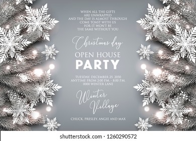 Christmas Party invitation greeting card paper snowflakes in a fir pine tree branches vector illustration