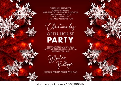 Christmas Party invitation greeting card paper snowflakes in a fir pine tree branches vector illustration