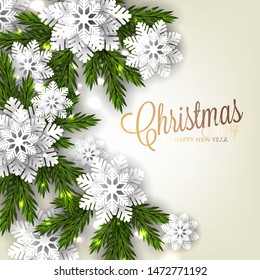 Christmas Party invitation greeting card paper snowflakes in a fir pine tree branches vector illustration