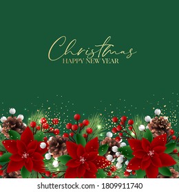 Christmas Party invitation greeting card poinsettia in a fir pine tree branches red white berries cones vector illustration green winter background