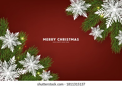 Christmas Party invitation greeting card paper snowflakes in a green fir pine tree branches vector illustration red background