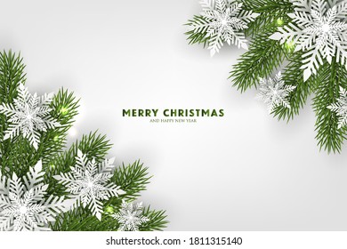 Christmas Party invitation greeting card paper snowflakes in a fir pine tree branches vector illustration green