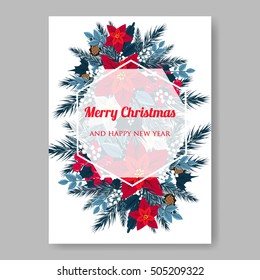 Christmas party invitation or greeting card template with holiday wreath of poinsettia, needle, holly