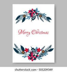 Christmas party invitation or greeting card template with holiday wreath of poinsettia, needle, holly