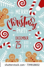 Christmas party invitation hand drawn lettering and ornament decoration. Christmas holidays flyer or poster design.