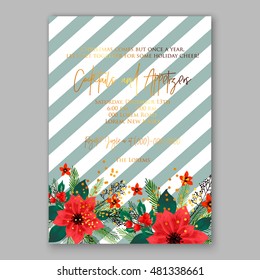 Christmas party invitation with holiday wreath of poinsettia, needle, holly