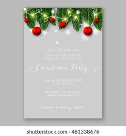 Christmas party invitation with holiday wreath of needle fir tree light garland, red balls