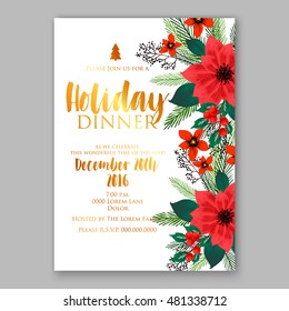 Christmas party invitation with holiday wreath of poinsettia, needle, holly